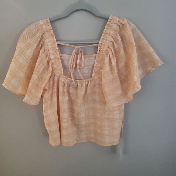 Lumiere Spring Top Small Orange and White Square Neck Keyhole open back NWT - Picture 2 of 5